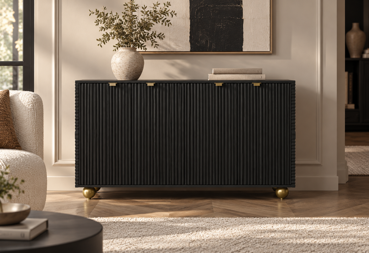 Buffet noir sculpté 120 cm dans un salon contemporain