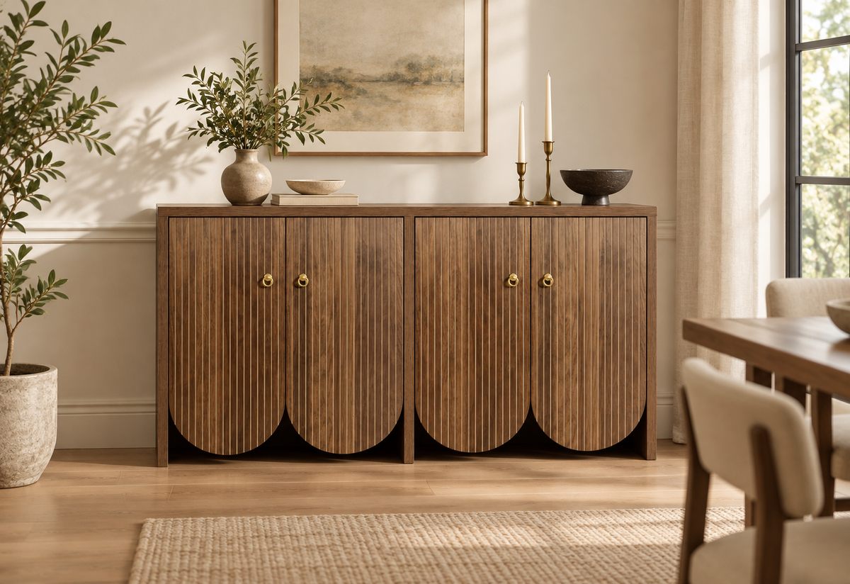 Buffet noyer rainuré 147 cm dans une salle à manger contemporaine