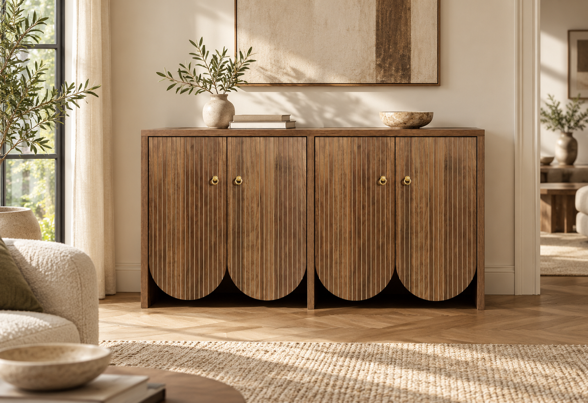 Buffet noyer rainuré 147 cm dans un salon contemporain