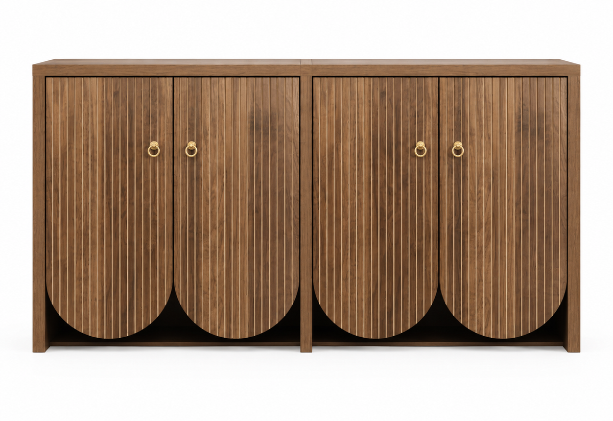 Buffet noyer rainuré 147 cm quatre portes vue de face