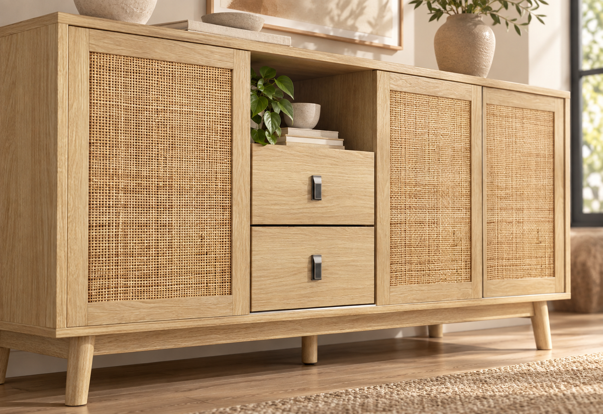 Détail du cannage et des tiroirs du buffet rotin naturel 155 cm