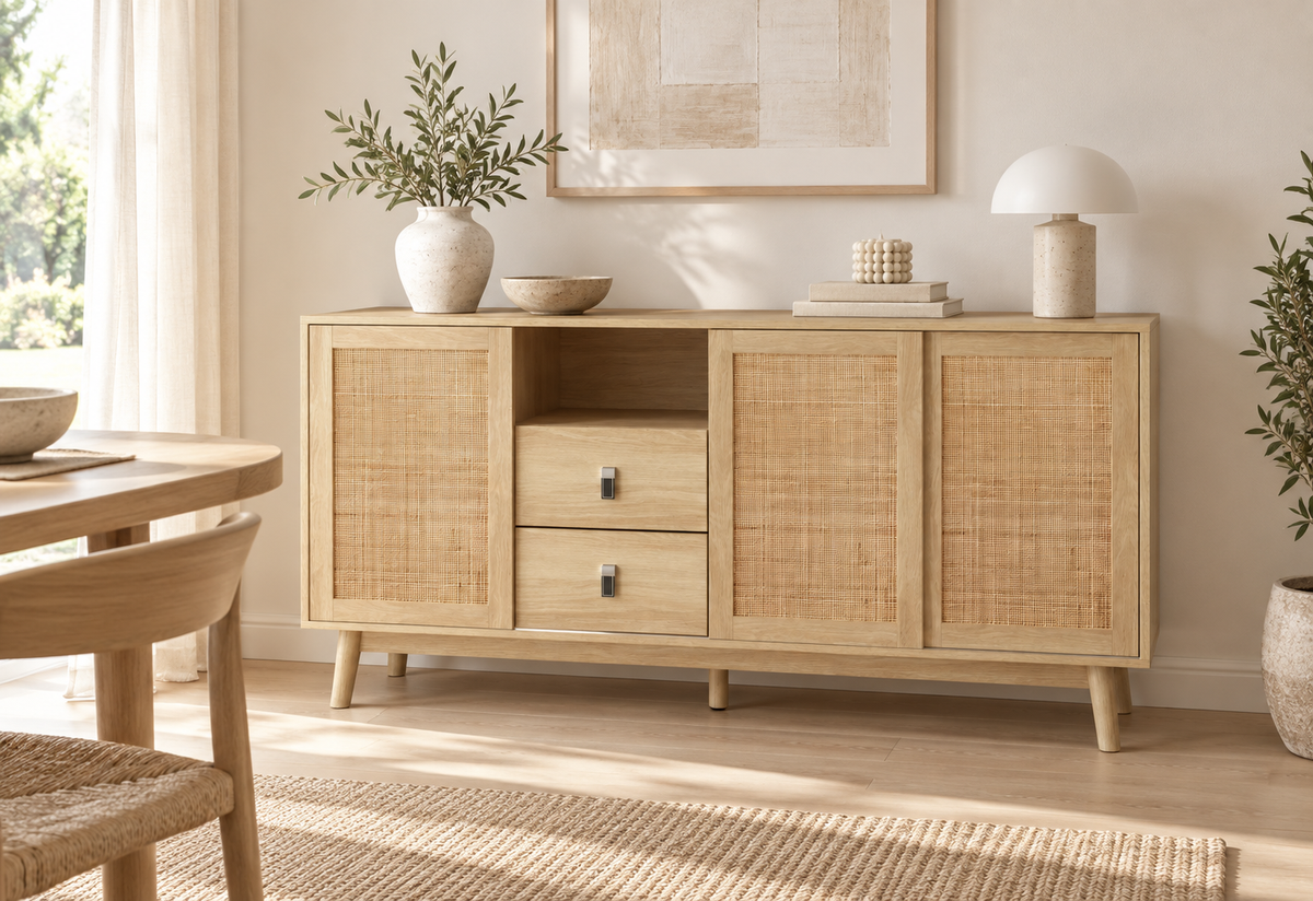 Buffet rotin naturel 155 cm dans une salle à manger contemporaine