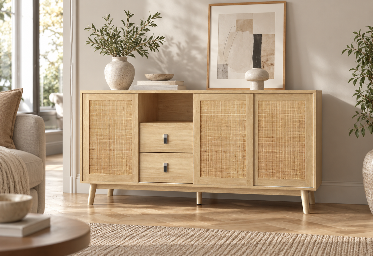 Buffet rotin naturel 155 cm dans un salon contemporain