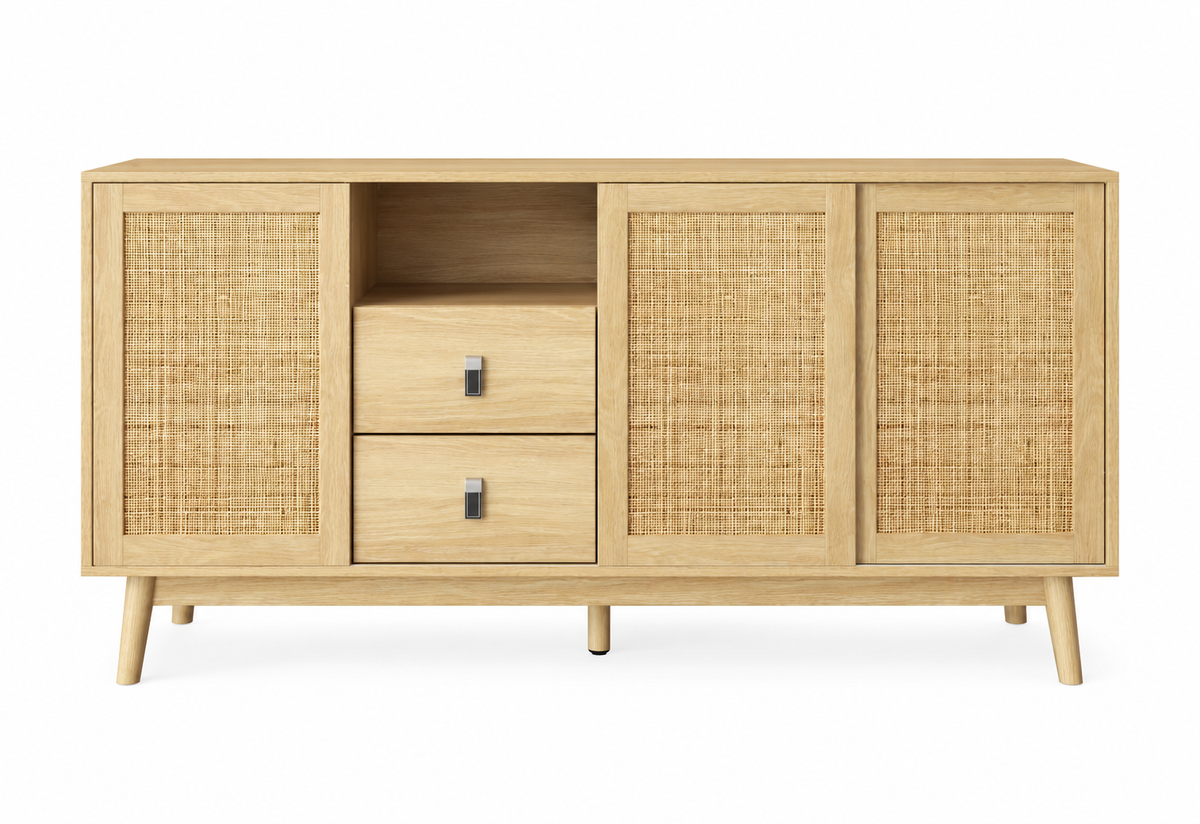 Buffet rotin naturel 155 cm trois portes coulissantes vue de face
