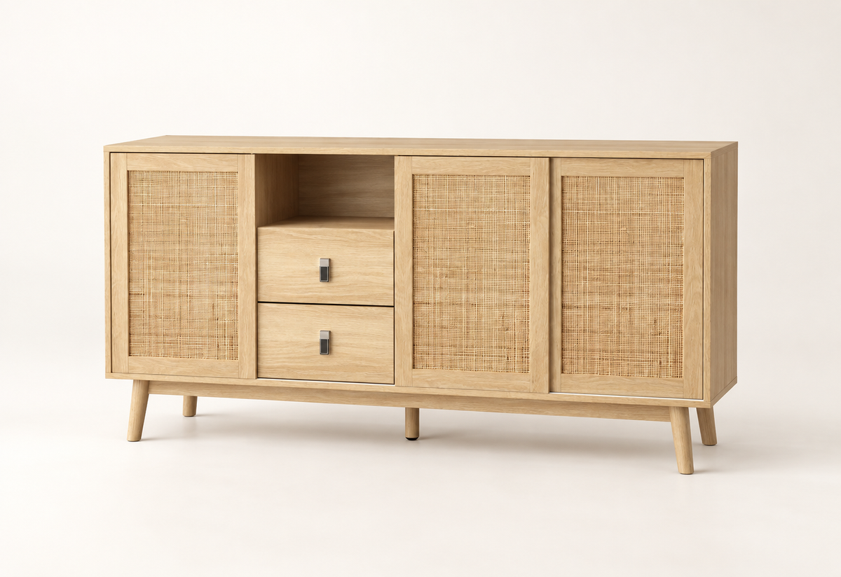 Buffet rotin naturel 155 cm trois portes coulissantes vue trois-quarts