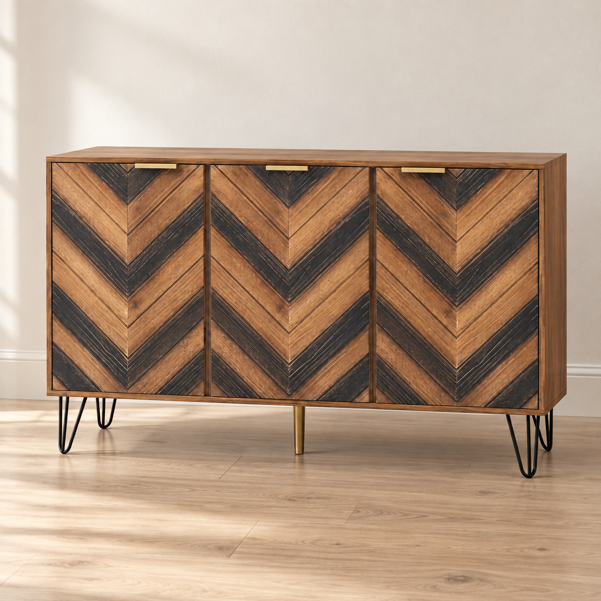 Buffet chevrons 160 cm – 3 portes, détails dorés – vue principale dans un intérieur sobre