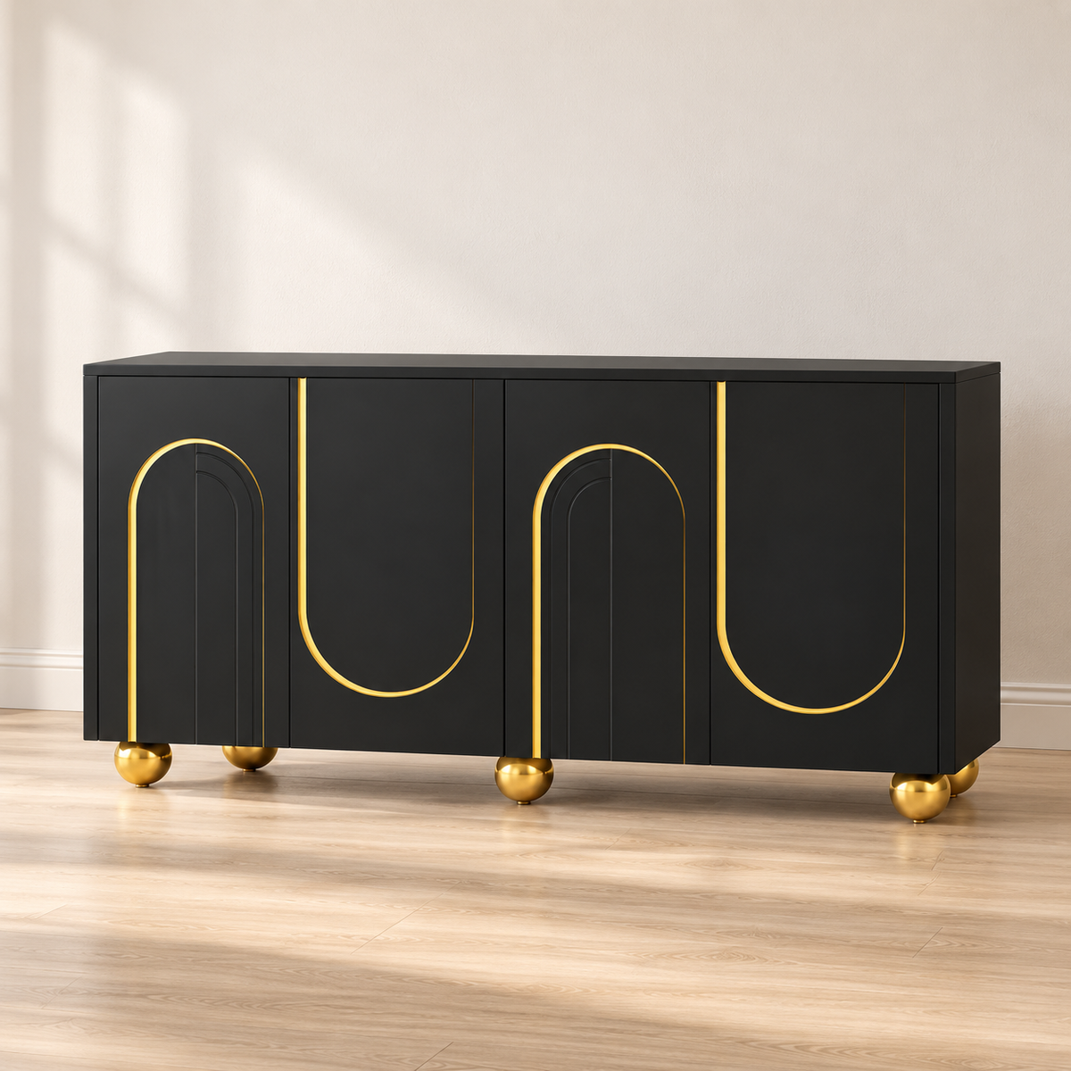 Buffet noir 140 cm – 4 portes, arches dorées – vue principale dans un intérieur sobre