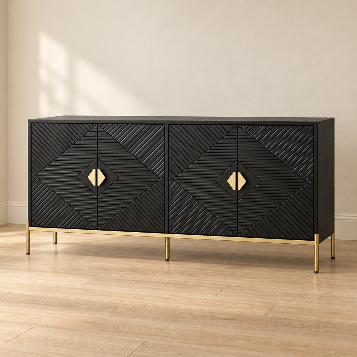Buffet noir géométrique 162 cm – 4 portes, poignées dorées – vue principale dans un intérieur sobre