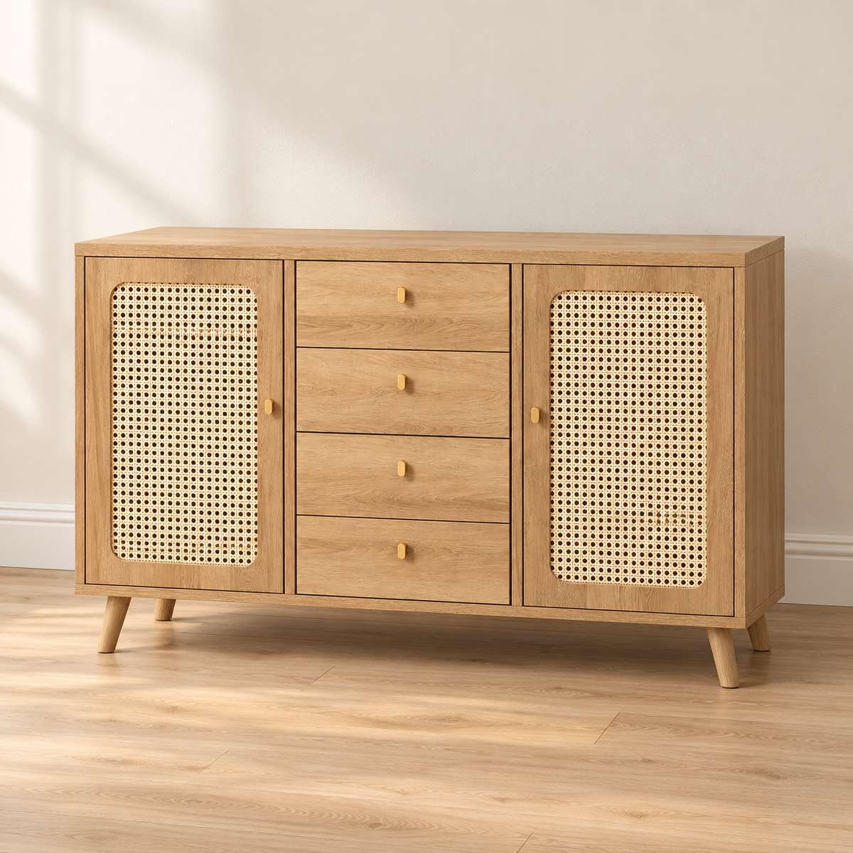Buffet cannage 140 cm – 2 portes, 4 tiroirs – vue principale dans un intérieur sobre
