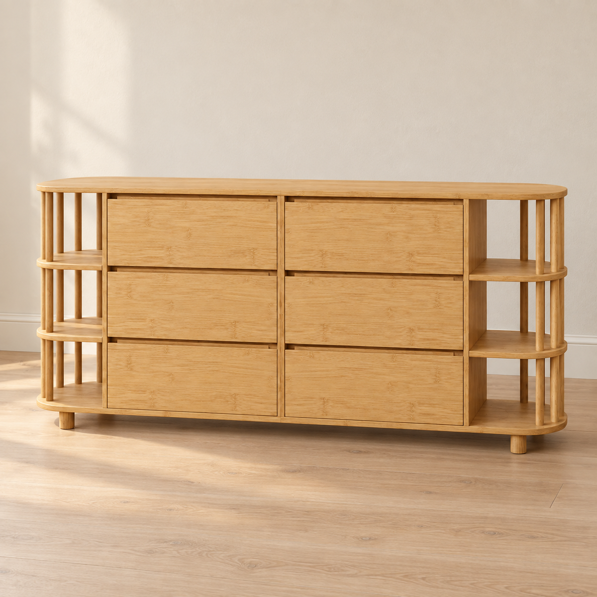 Buffet chêne 160 cm – 6 tiroirs et étagères ouvertes – vue principale dans un intérieur sobre