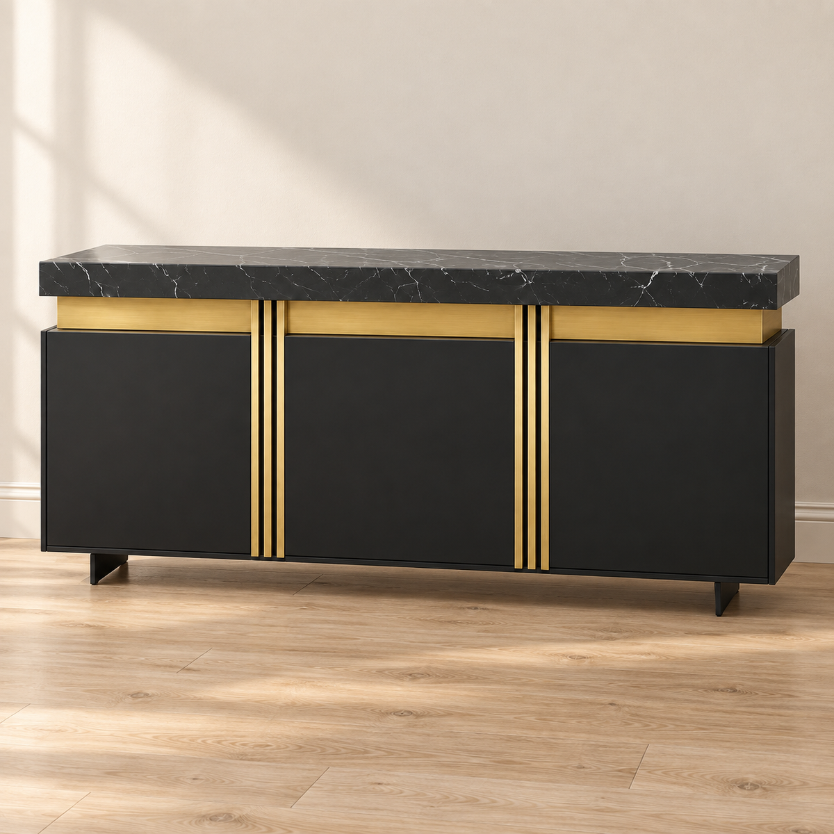 Buffet noir 140 cm – 3 portes, plateau effet marbre – vue principale dans un intérieur sobre