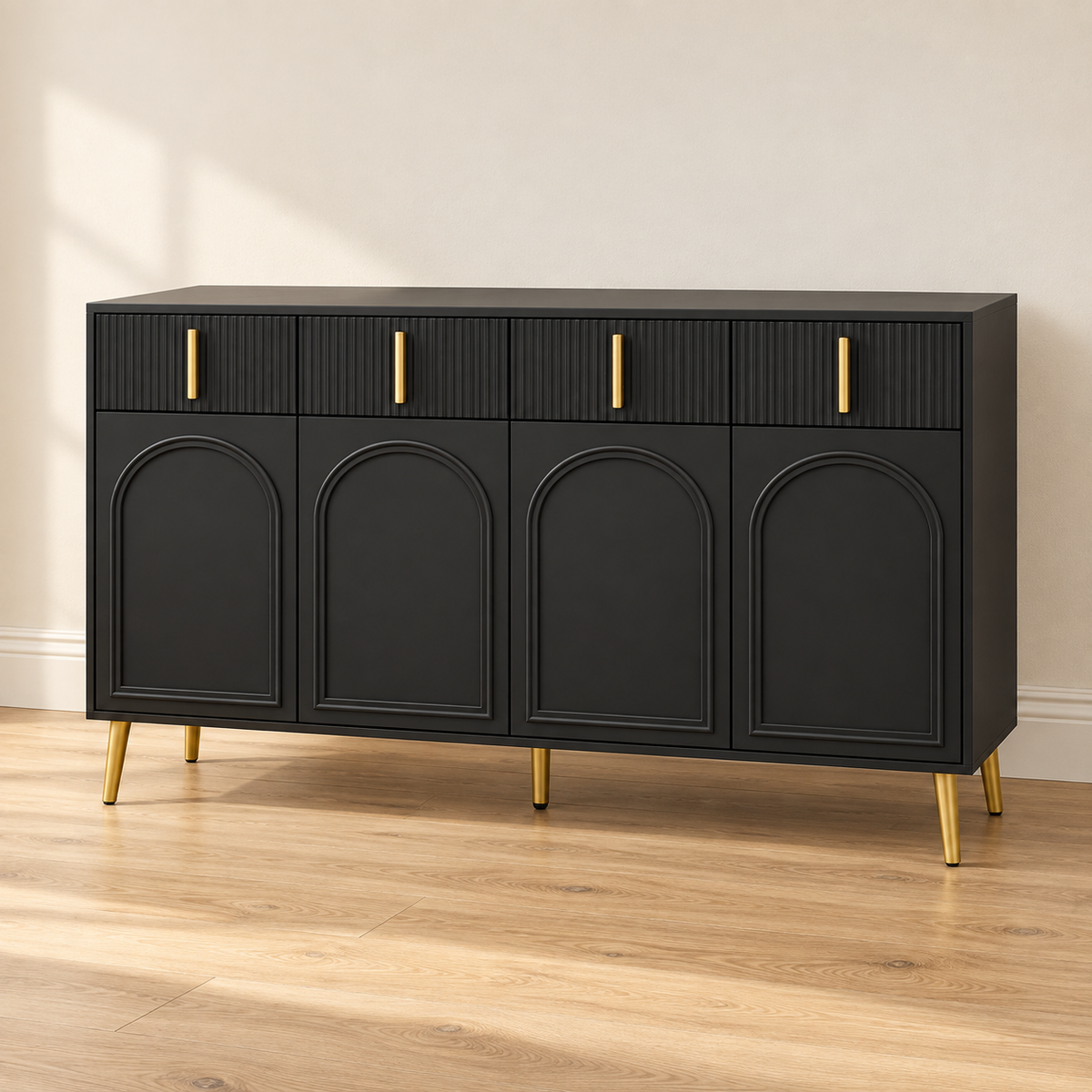 Buffet noir 140 cm – 4 portes cintrées, 4 tiroirs – vue principale dans un intérieur sobre