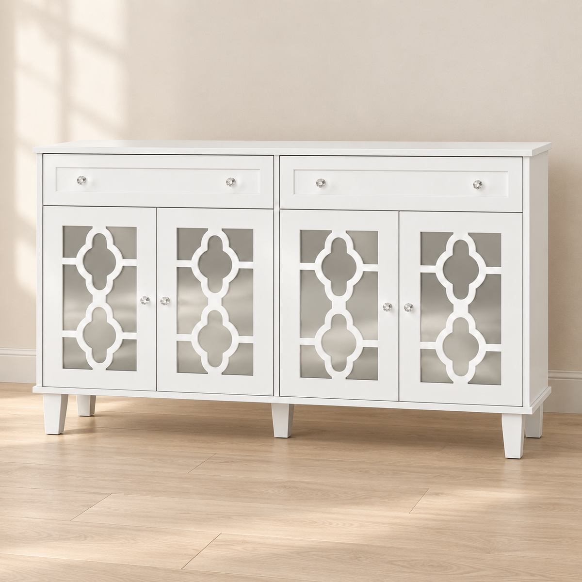Buffet miroir blanc 140 cm – 4 portes, 2 tiroirs – vue principale dans un intérieur sobre