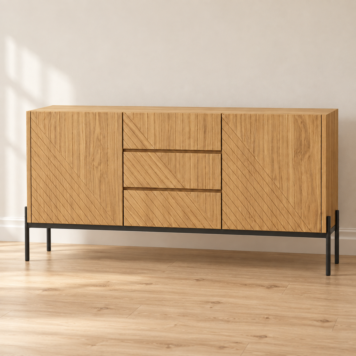 Buffet bois naturel 140 cm – 2 portes, 3 tiroirs – vue principale dans un intérieur sobre