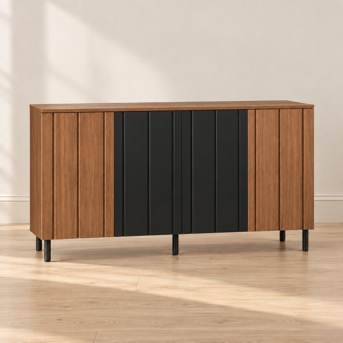 Buffet noir et noyer 160 cm – 4 portes rainurées – vue principale dans un intérieur sobre