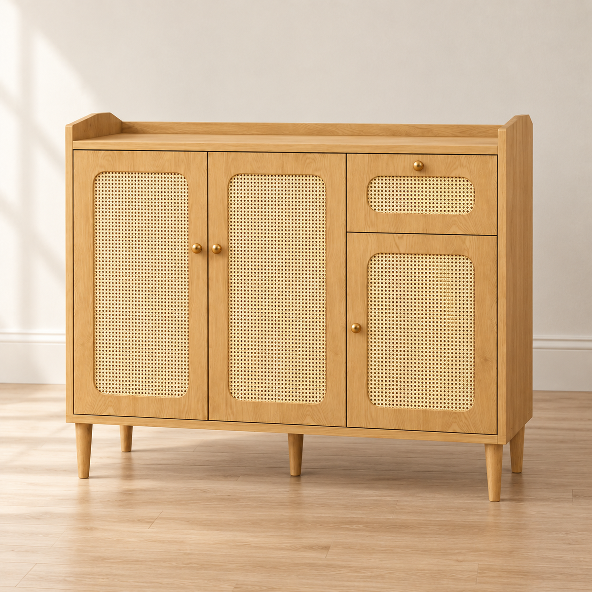 Buffet chêne et cannage 120 cm – 3 portes, 1 tiroir – vue principale dans un intérieur sobre