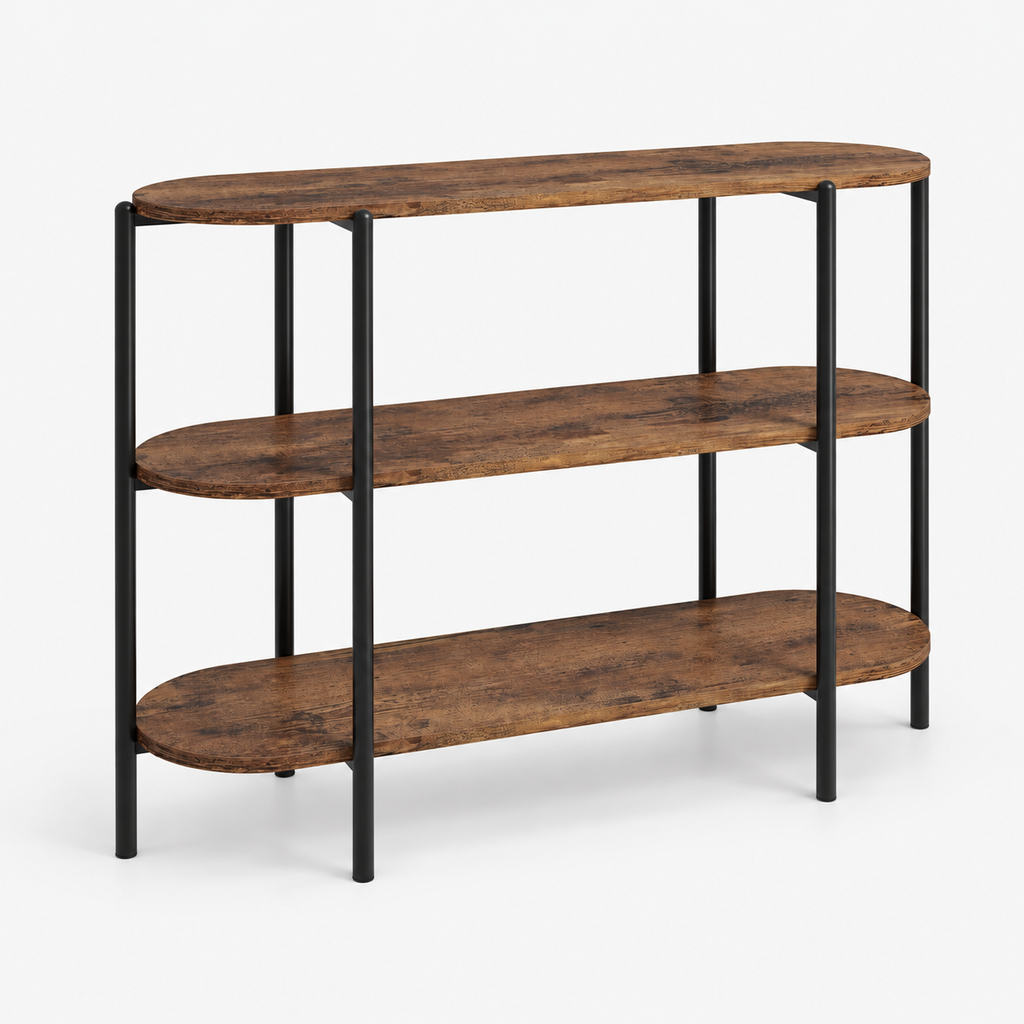 Console ovale trois niveaux 120 cm finition brune vue produit sans texte