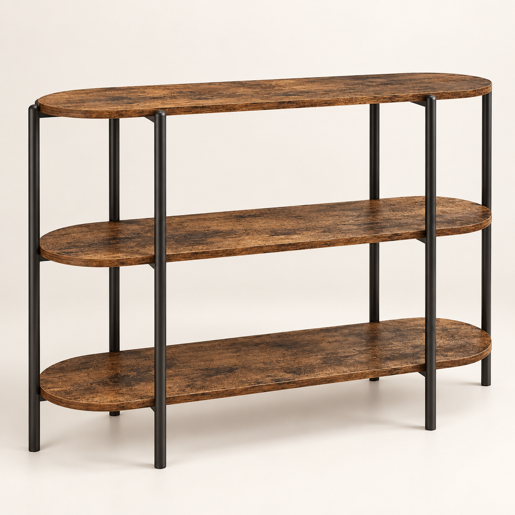 Console ovale à trois niveaux effet bois rustique vue trois-quarts