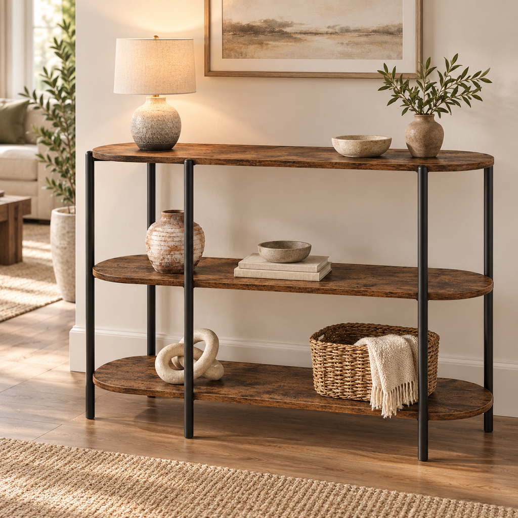Console à trois niveaux avec décoration naturelle légère