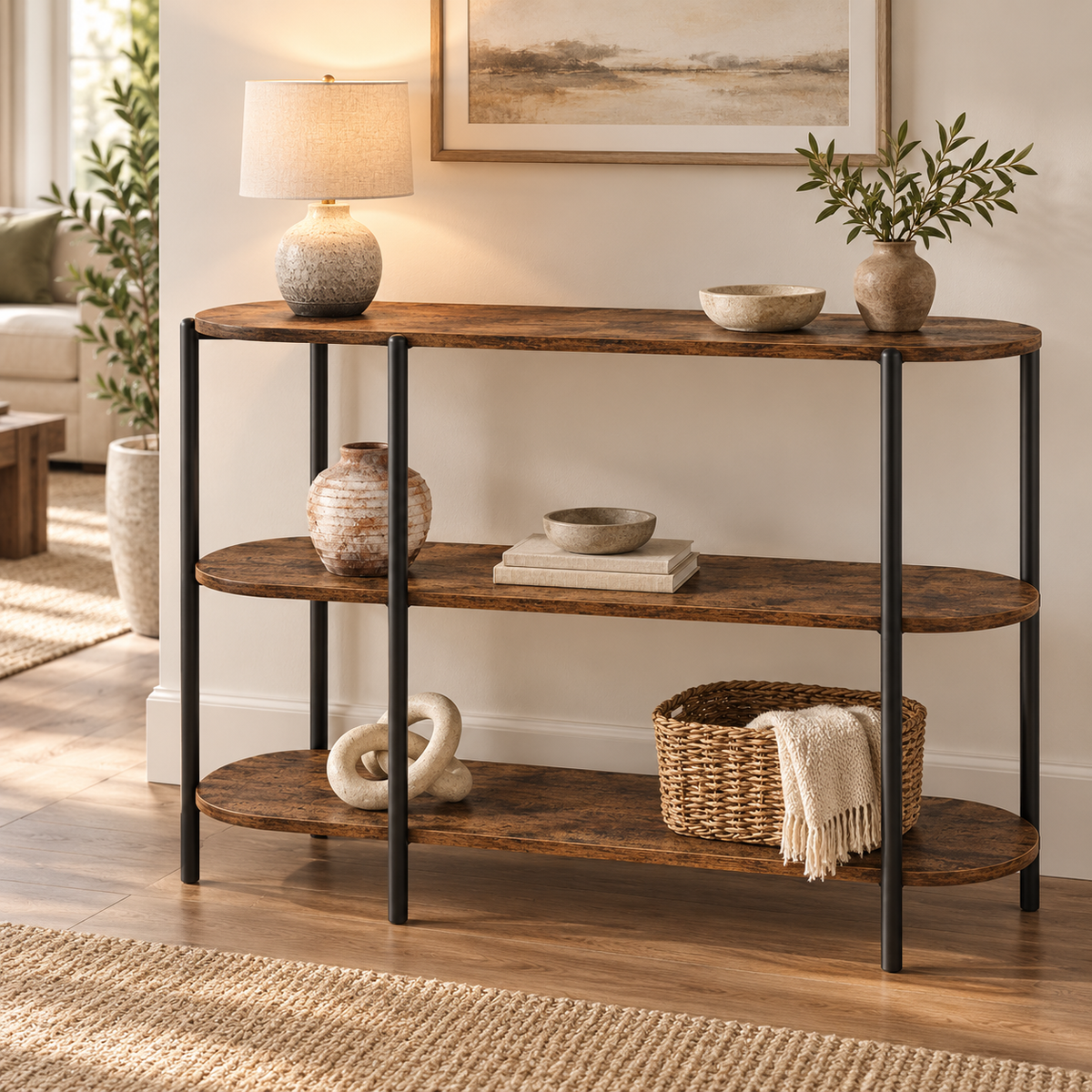 Console à trois niveaux avec décoration naturelle légère