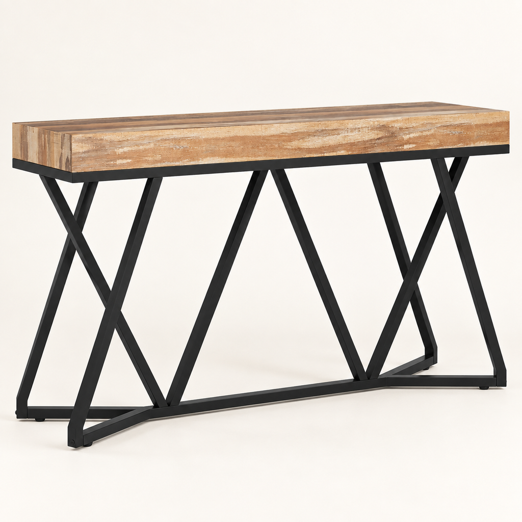 Console Croisillons 140 cm effet chêne vue trois-quarts