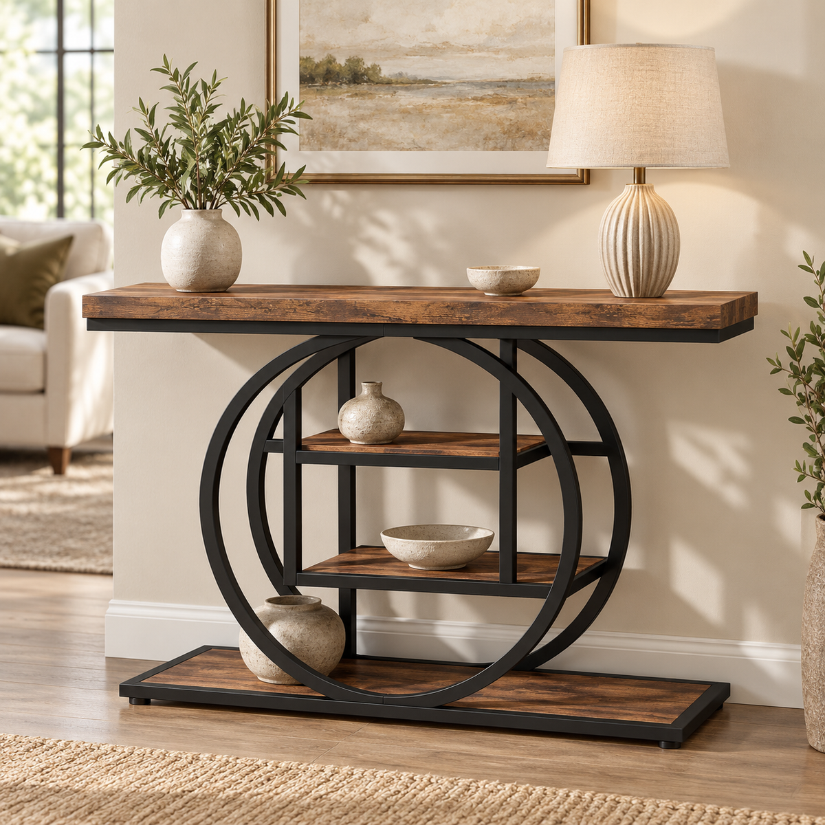Console à quatre niveaux avec décoration naturelle légère