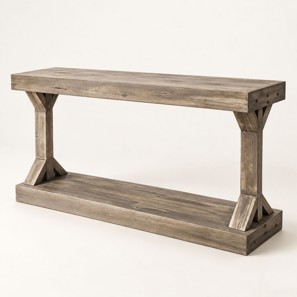 Console Ferme 120 cm en bois patiné vue trois-quarts