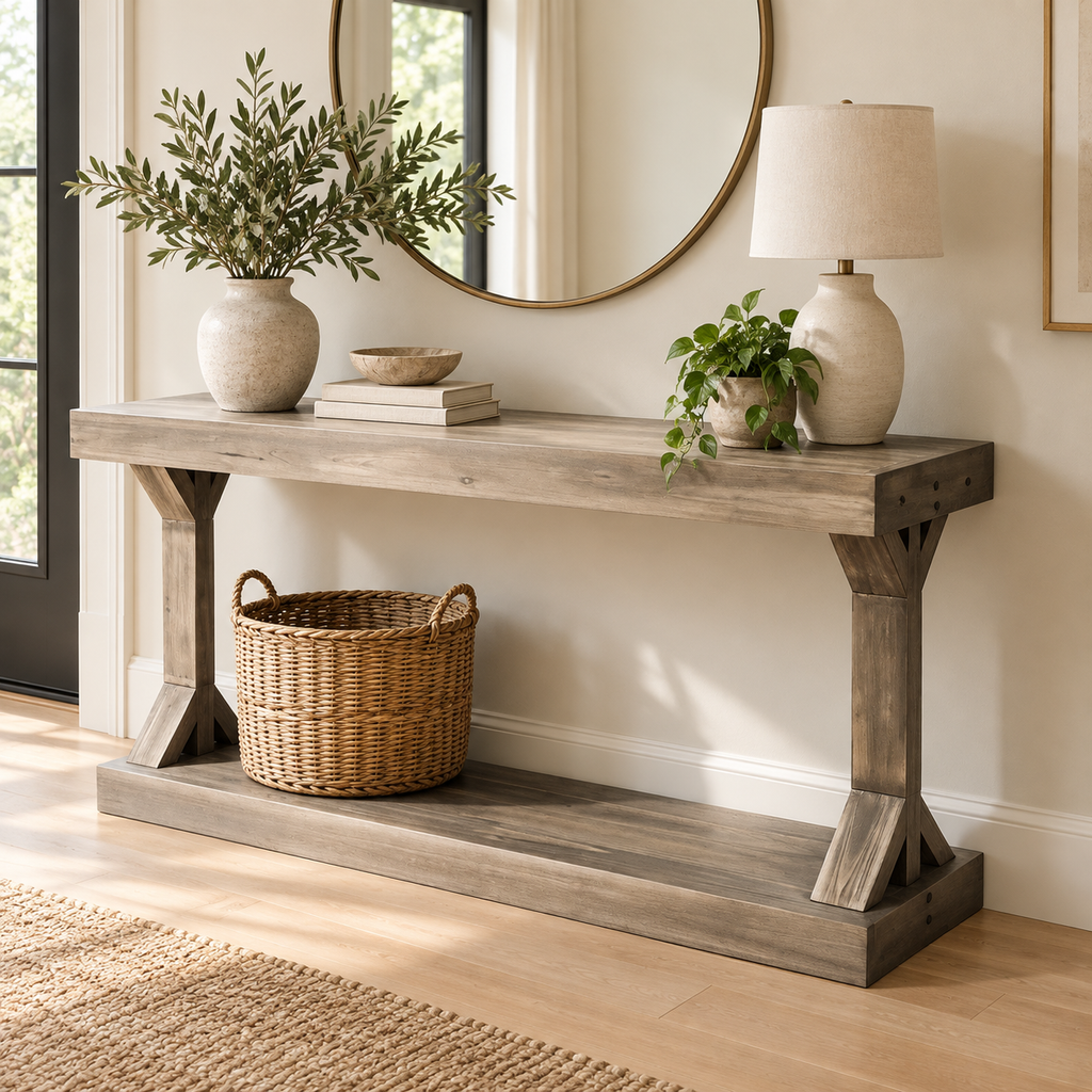 Console Ferme en bois patiné dans une entrée contemporaine