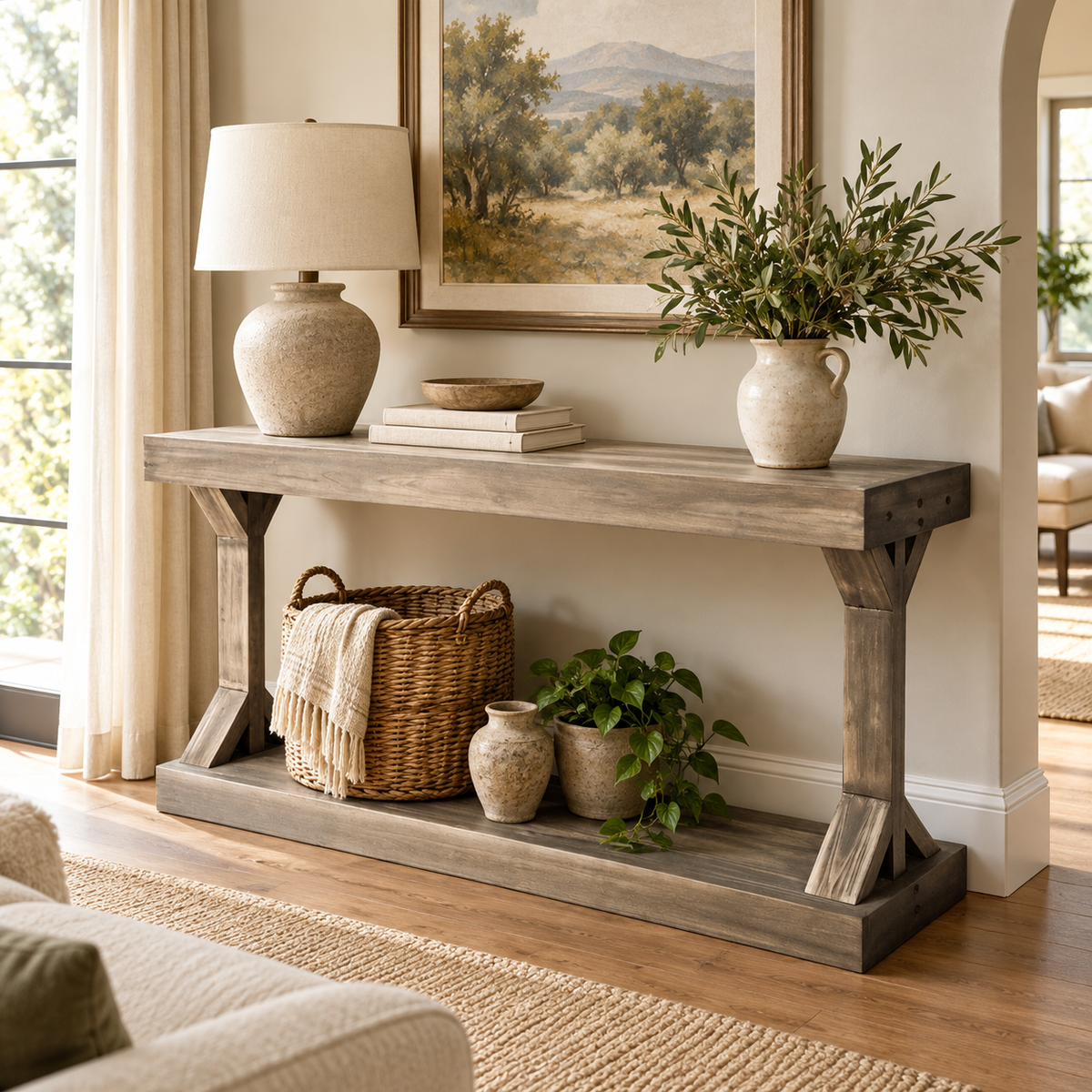 Console rustique 120 cm dans un salon lumineux