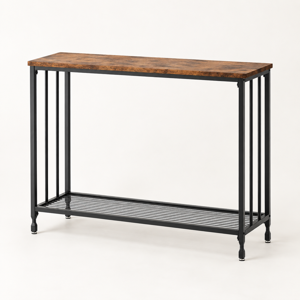 Console Ferme effet bois et métal noir vue trois-quarts