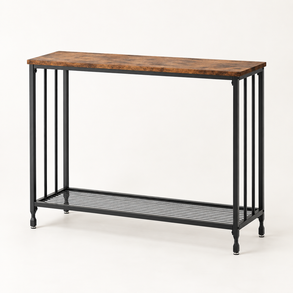Console Ferme effet bois et métal noir vue trois-quarts