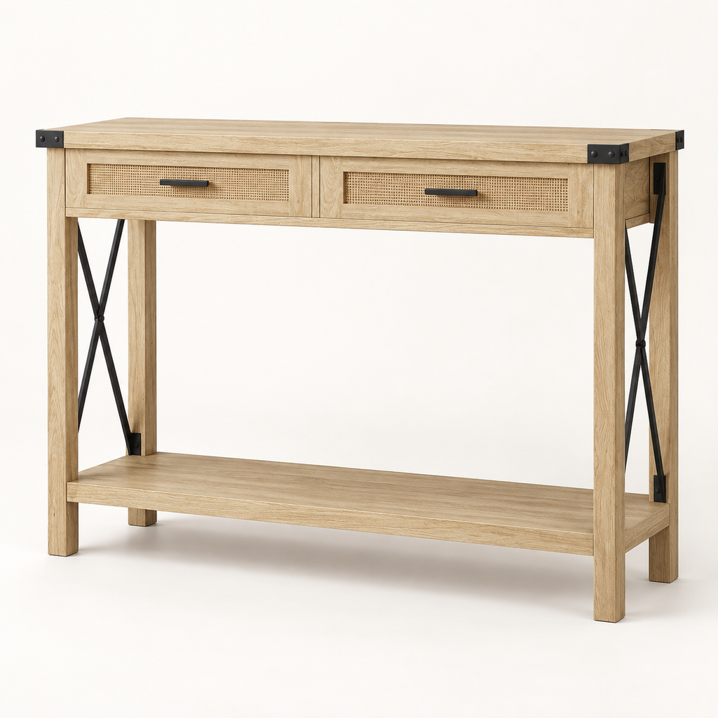 Console Tiroirs 119 cm effet chêne clair vue trois-quarts
