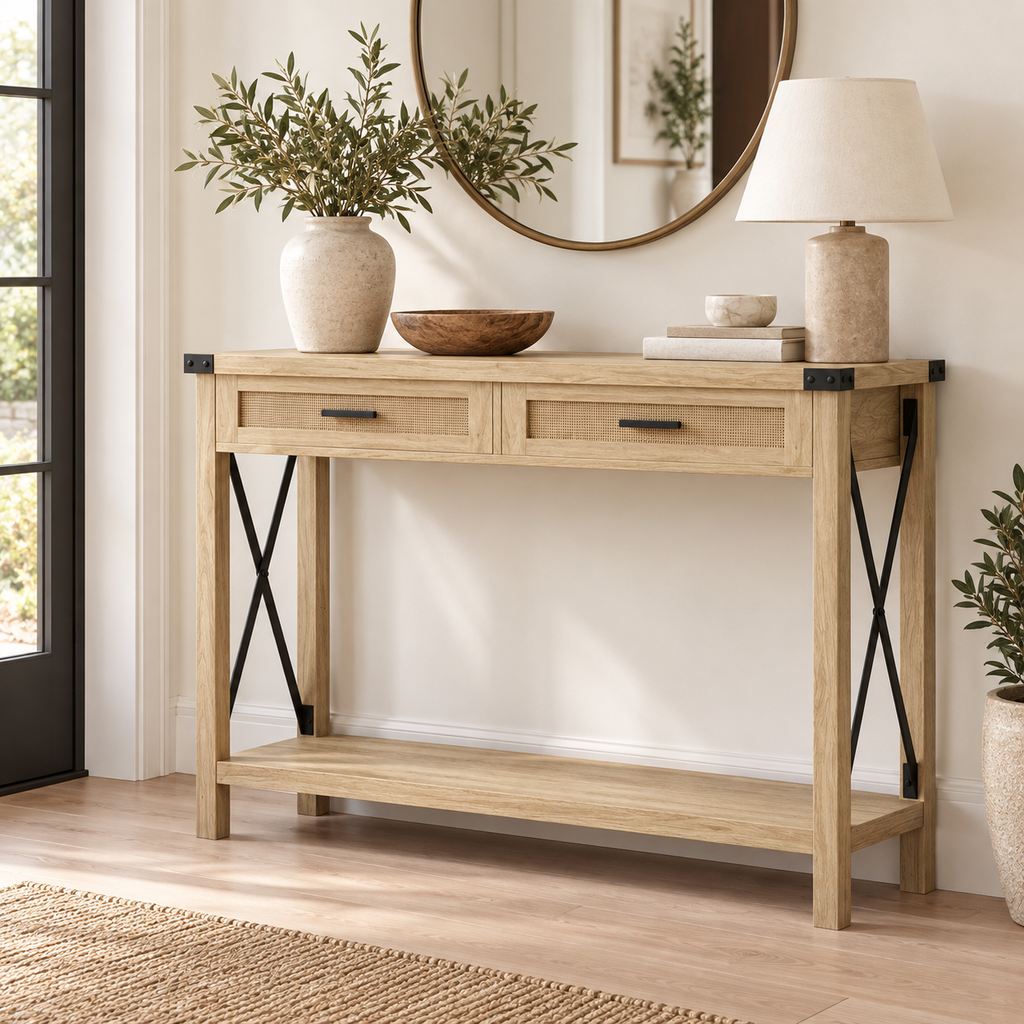 Console chêne clair et cannage dans une entrée contemporaine