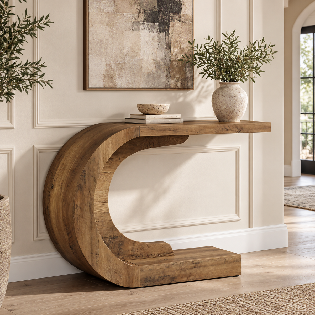Console sculpturale effet noyer dans une entrée contemporaine