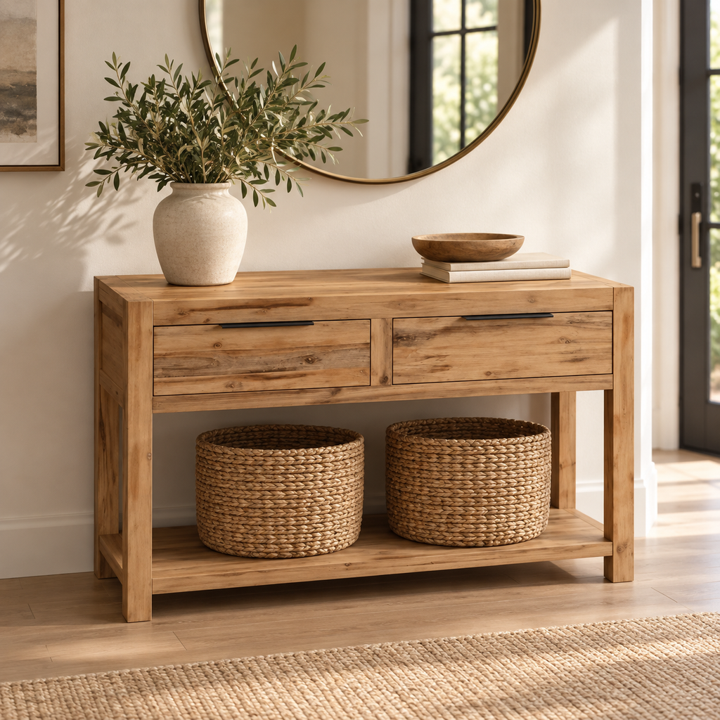 Console en acacia massif dans une entrée contemporaine