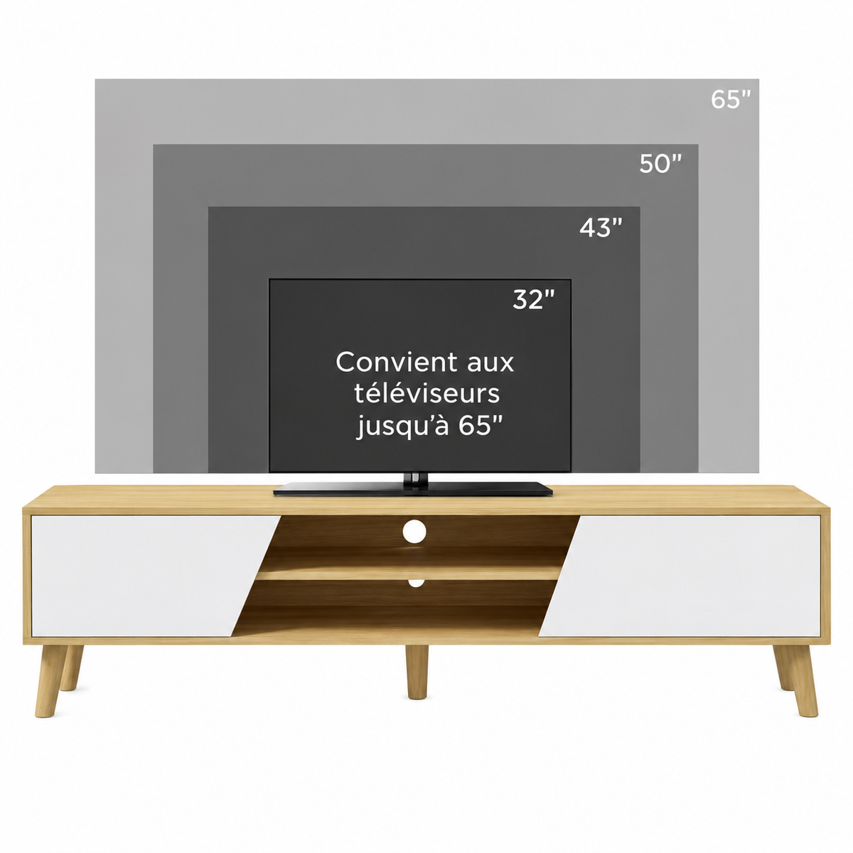 Meuble TV 150 cm 2 portes pieds bois — vue 4