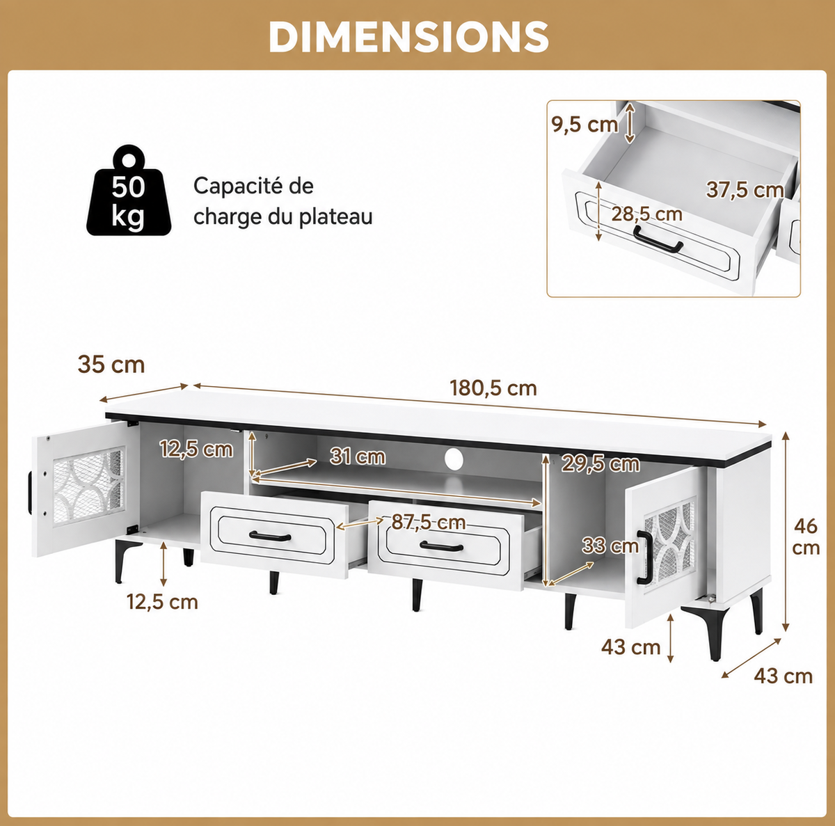 Meuble TV 180 cm pieds métal — vue 6