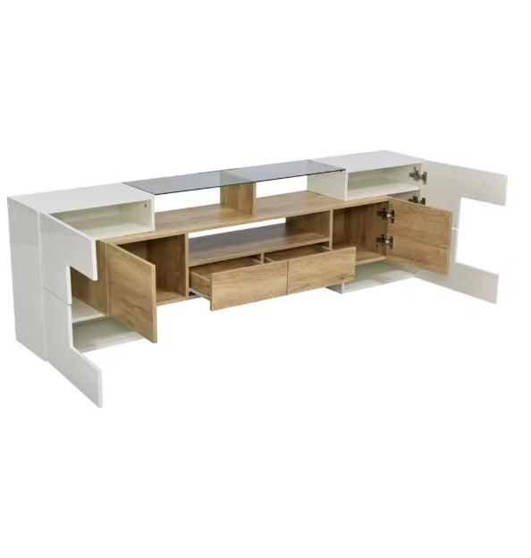 Meuble TV 200 cm blanc brillant plateau verre avec LED — vue 3