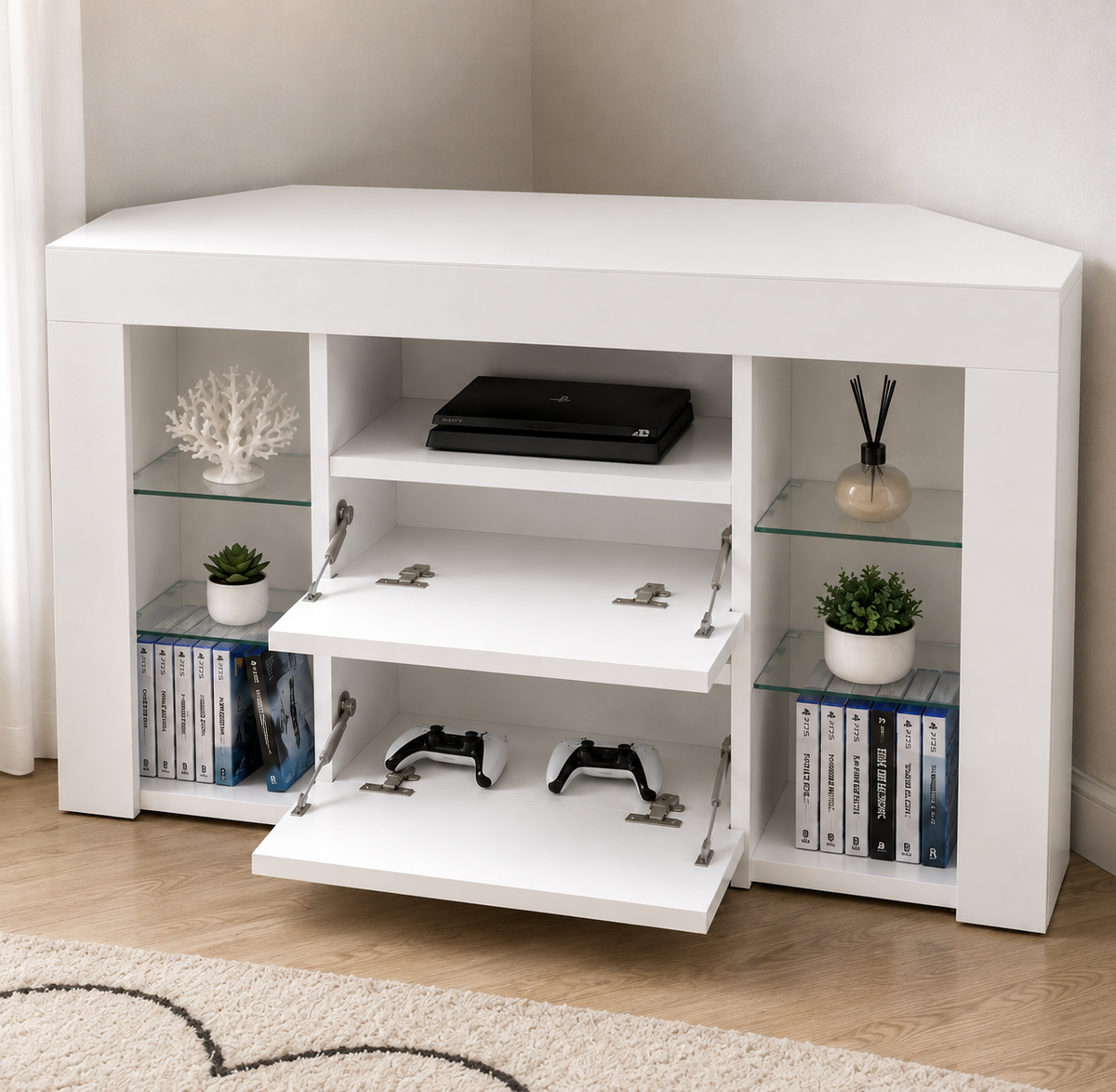 Meuble TV d'angle 100 cm avec LED - Blanc brillant
