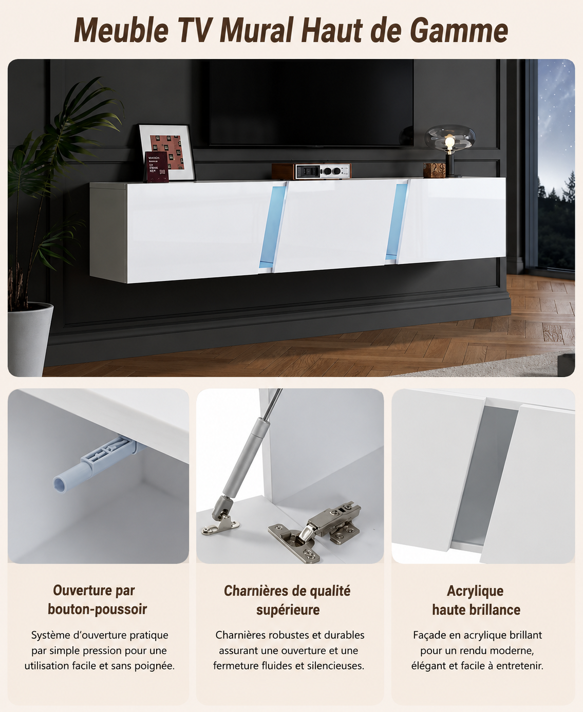 Meuble TV mural 180 cm blanc brillant avec LED — vue 4