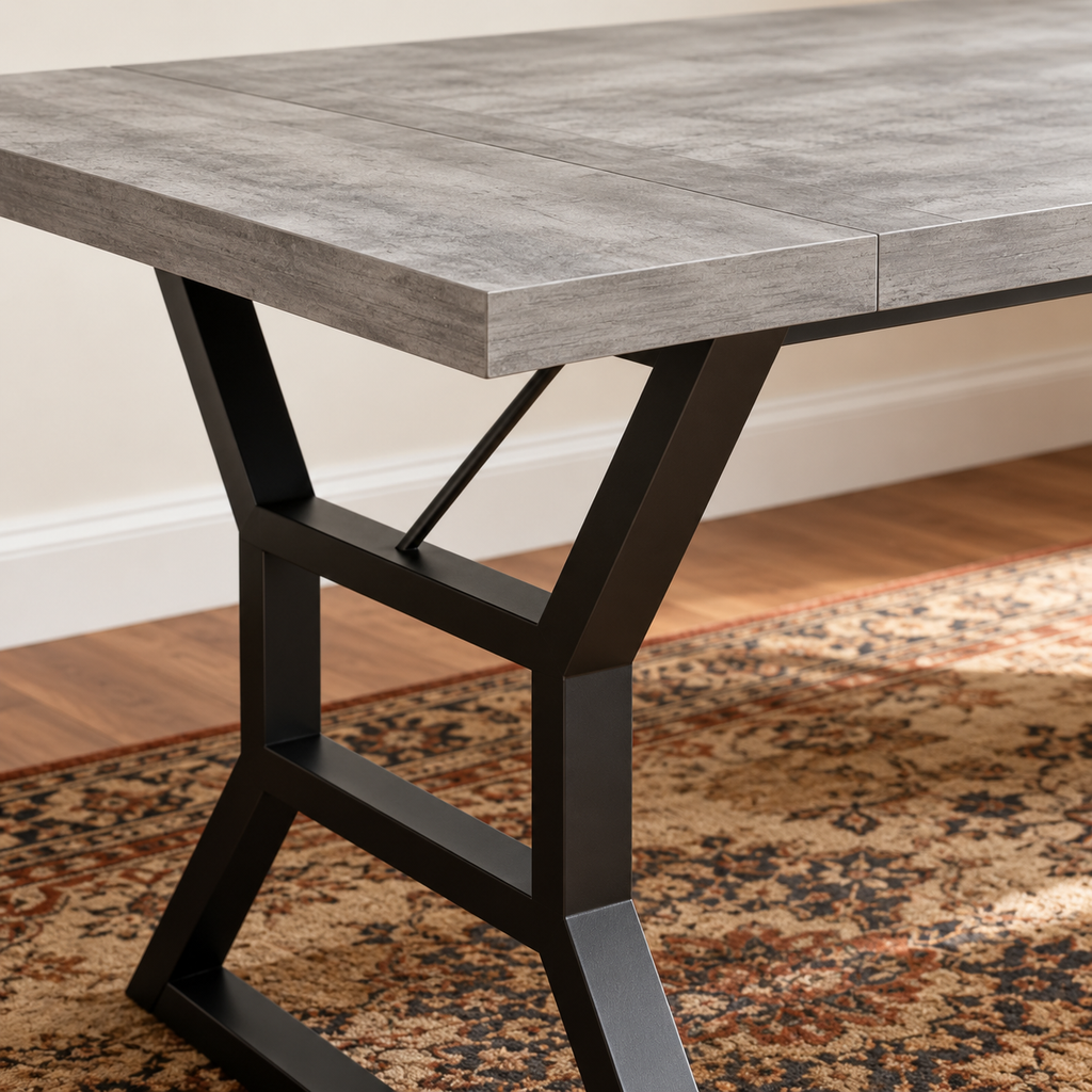 Table à manger Béton 180 cm — plateau effet béton gris et piètement métal noir géométrique – détail de la finition