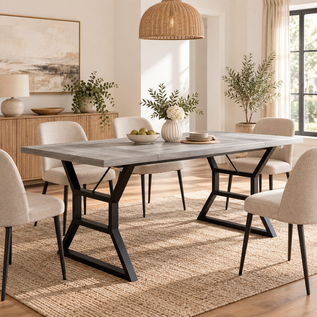 Table à manger Béton 180 cm — plateau effet béton gris et piètement métal noir géométrique – dans une salle à manger contemporaine