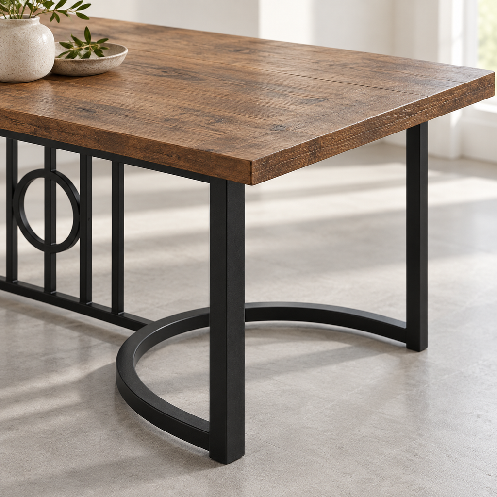 Table à manger Ombrée 180 cm — plateau effet bois brun rustique et piètement métal noir – détail de la finition
