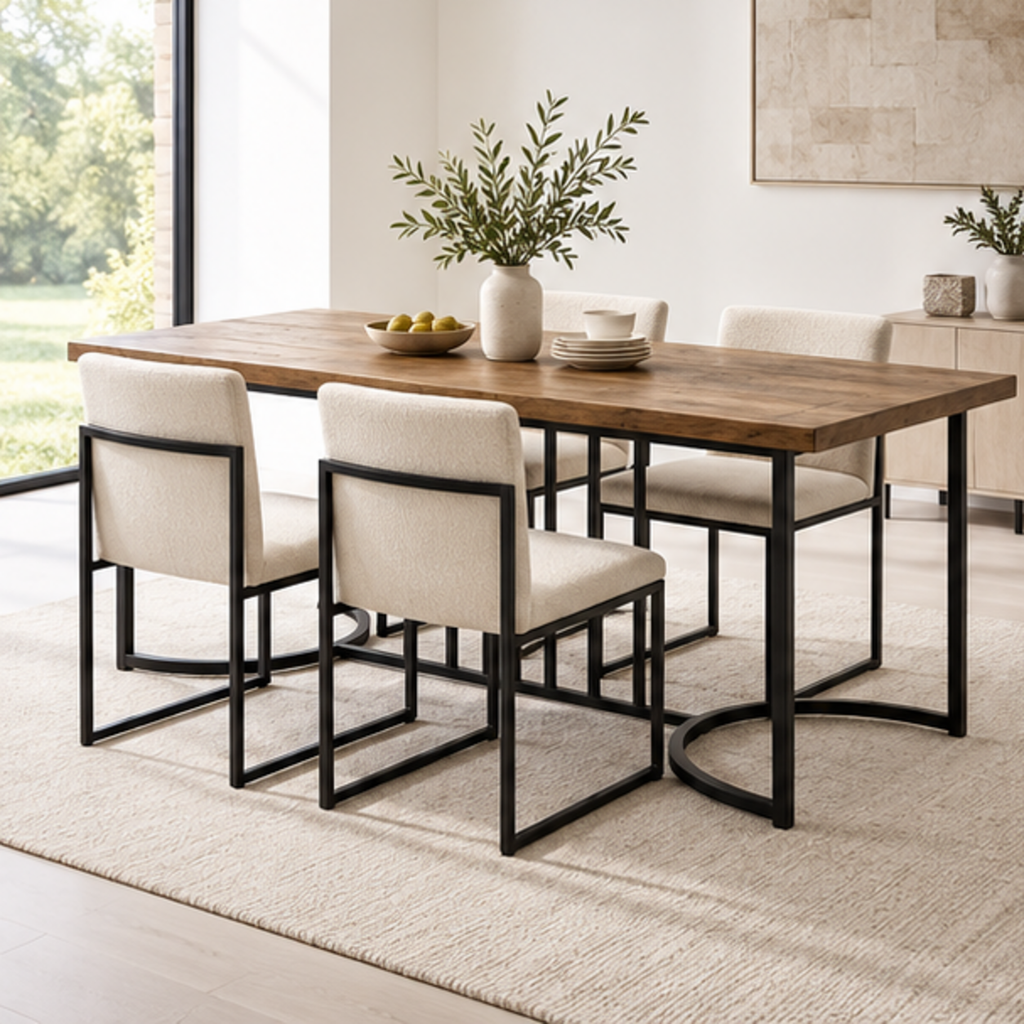 Table à manger Ombrée 180 cm — plateau effet bois brun rustique et piètement métal noir – dans une salle à manger contemporaine