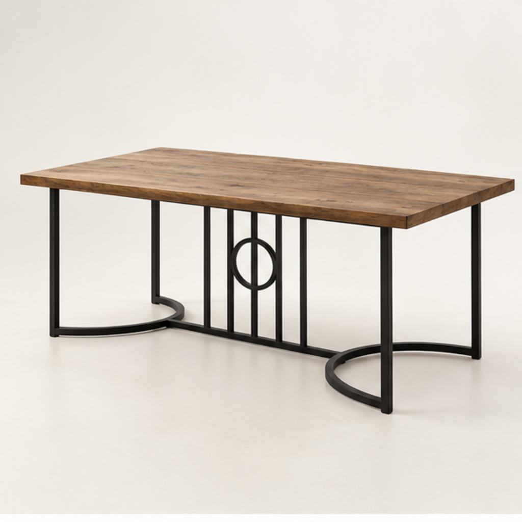 Table à manger Ombrée 180 cm — plateau effet bois brun rustique et piètement métal noir – vue trois-quarts sur fond blanc cassé