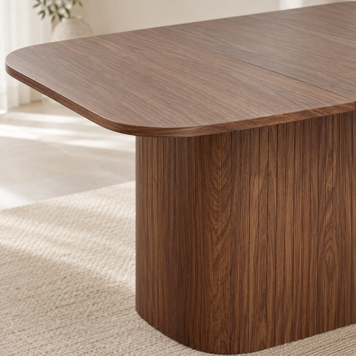 Table à manger Ondulis 140 cm — bois massif teinte noyer, base ondulée cannelée – détail de la finition