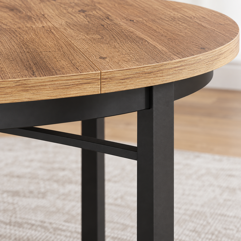 Table à manger ronde Halden XL 118 cm — plateau effet bois et piètement métal noir – détail de la finition