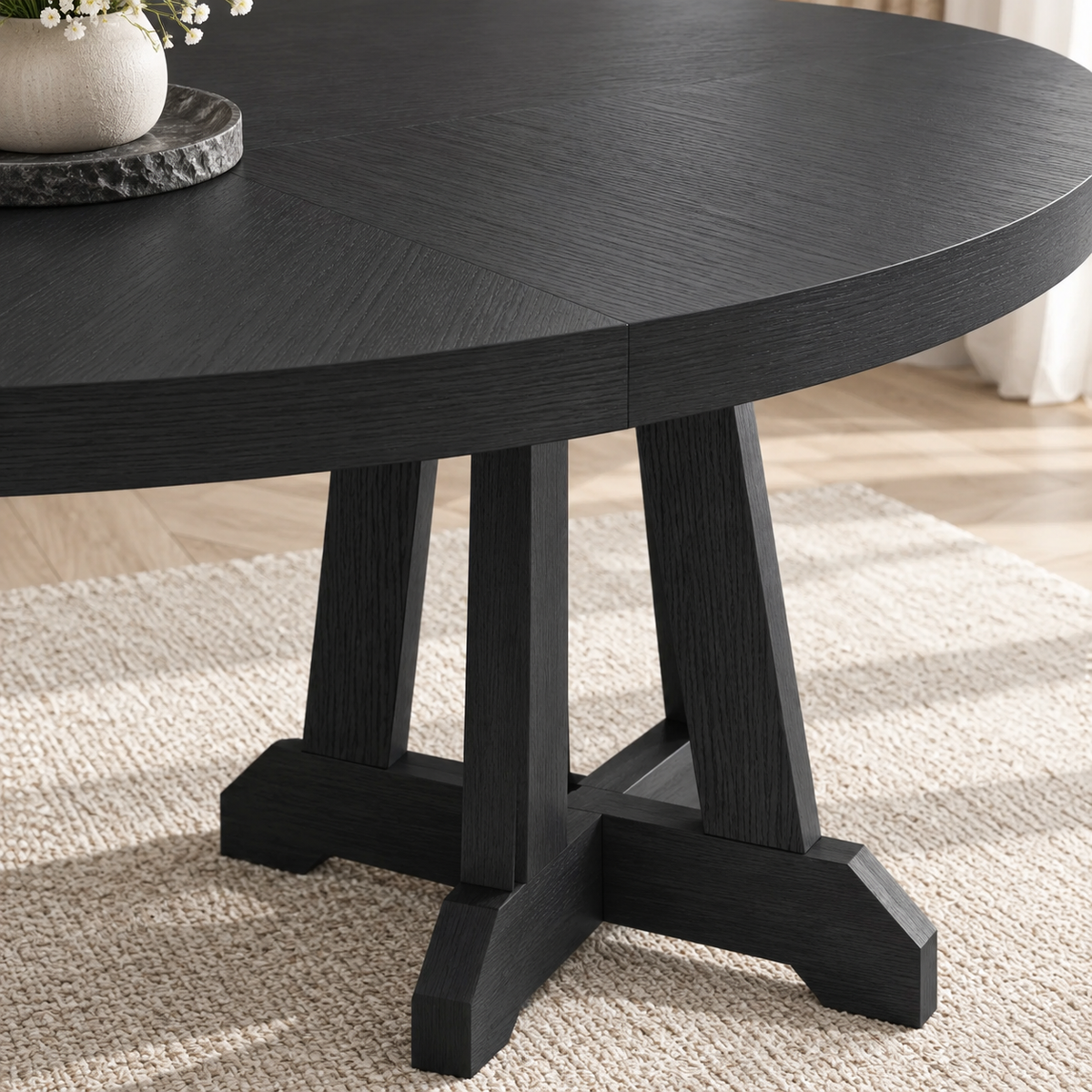 Table à manger ronde Noria 120 cm — plateau bois teinté noir et piètement central en X – détail de la finition