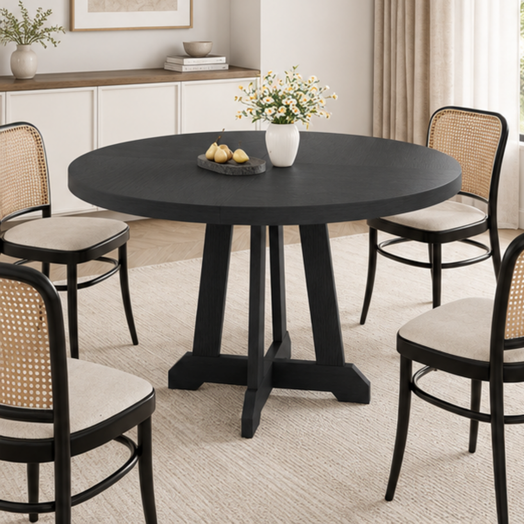 Table à manger ronde Noria 120 cm — plateau bois teinté noir et piètement central en X – dans une salle à manger contemporaine