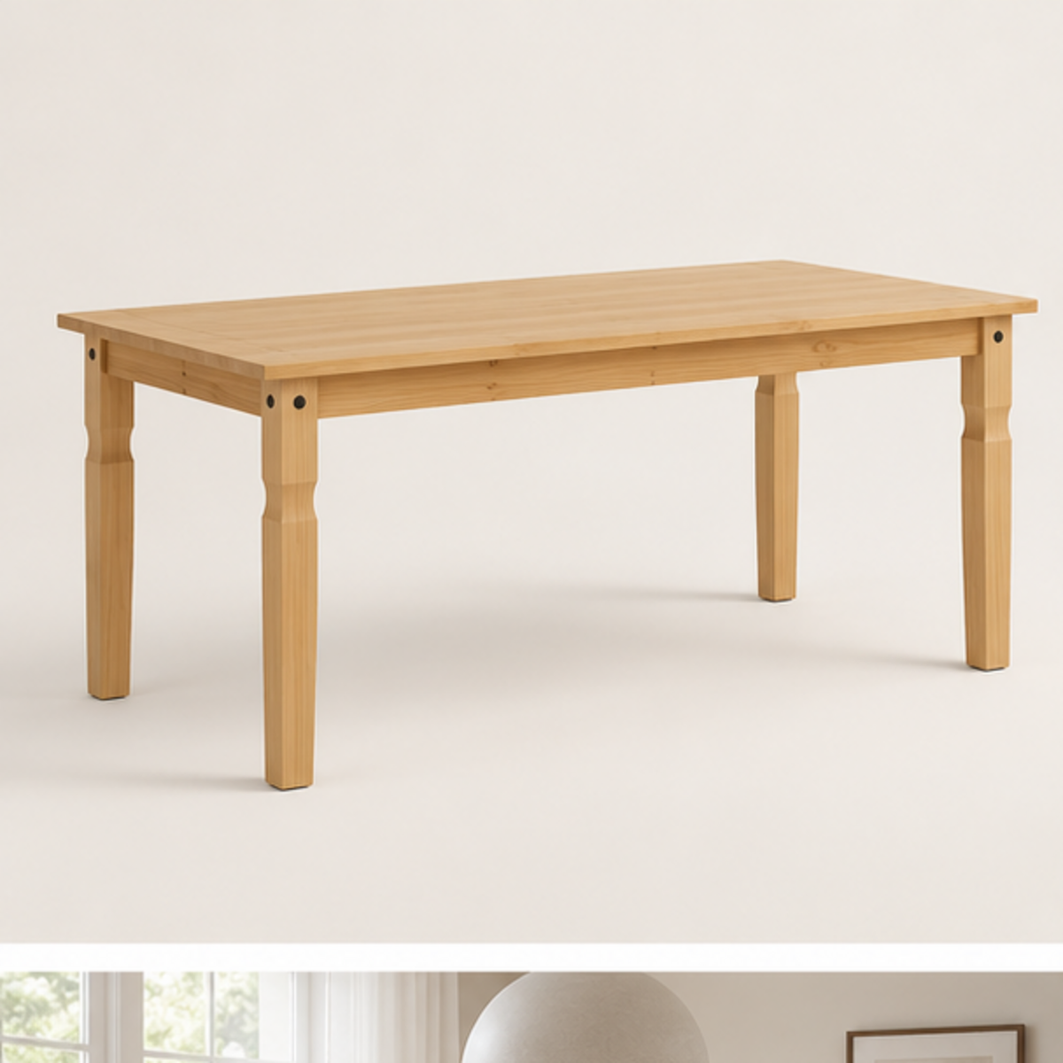 Table à manger Sylvain 180 cm — pin massif – vue trois-quarts sur fond blanc cassé